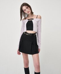 Belted Pleats Mini Skirt, ブラック