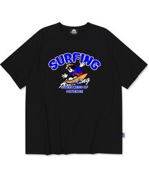 ブルーサーフィンキャットグラフィックTシャツ - ブラック