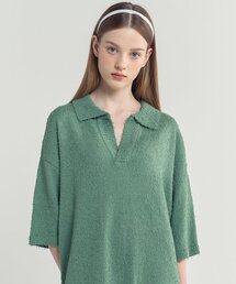テールヤンオープンカラ半袖ニット_グリナリー