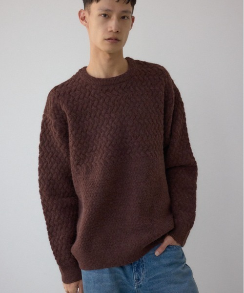 AZUL by moussy（アズールバイマウジー）の「バスケット編み切り替えニットトップス（ニット/セーター・メンズ・ブラウン/グレー/オフホワイト/ブラック・MEDIUM/LARGE）」の4枚目の写真