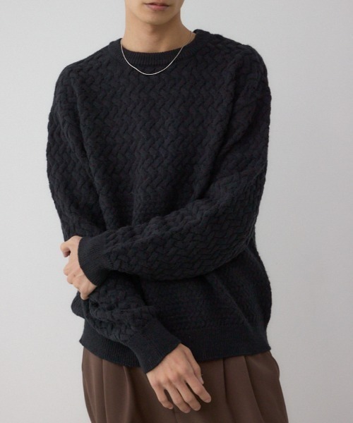 AZUL by moussy（アズールバイマウジー）の「バスケット編み切り替えニットトップス（ニット/セーター・メンズ・ブラウン/グレー/オフホワイト/ブラック・MEDIUM/LARGE）」の3枚目の写真