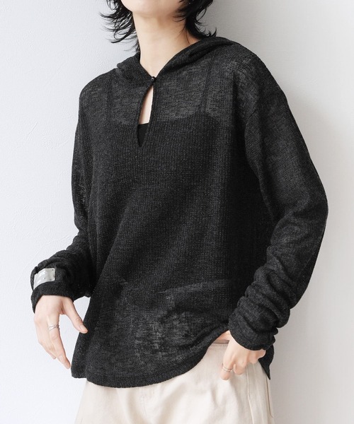 Yeoun(ヨウン)の「シアーワッフルフードロンT(Tシャツ/カットソー・レディース・ブラック/オフホワイト/グレー・FREE)」の3枚目の写真
