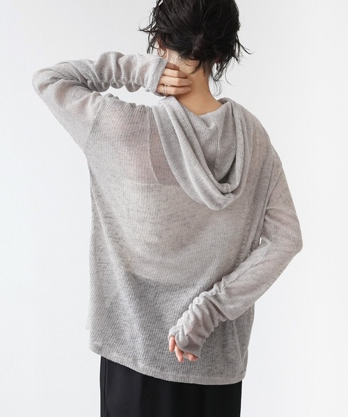 Yeoun(ヨウン)の「シアーワッフルフードロンT(Tシャツ/カットソー・レディース・ブラック/オフホワイト/グレー・FREE)」の20枚目の写真
