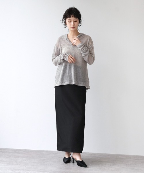 Yeoun(ヨウン)の「シアーワッフルフードロンT(Tシャツ/カットソー・レディース・ブラック/オフホワイト/グレー・FREE)」の21枚目の写真