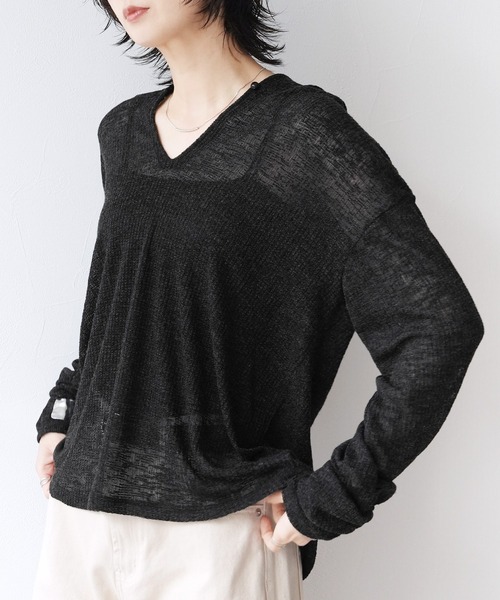Yeoun(ヨウン)の「シアーワッフルフードロンT(Tシャツ/カットソー・レディース・ブラック/オフホワイト/グレー・FREE)」の4枚目の写真