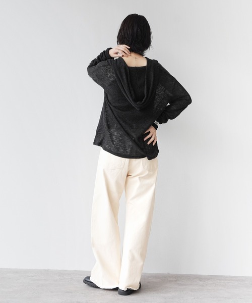 Yeoun(ヨウン)の「シアーワッフルフードロンT(Tシャツ/カットソー・レディース・ブラック/オフホワイト/グレー・FREE)」の5枚目の写真