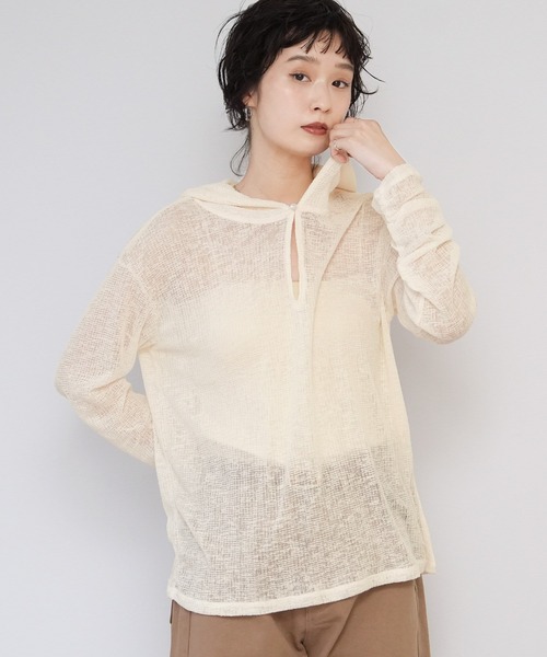 Yeoun(ヨウン)の「シアーワッフルフードロンT(Tシャツ/カットソー・レディース・ブラック/オフホワイト/グレー・FREE)」の8枚目の写真