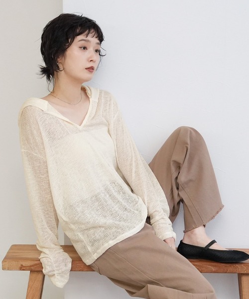 Yeoun(ヨウン)の「シアーワッフルフードロンT(Tシャツ/カットソー・レディース・ブラック/オフホワイト/グレー・FREE)」の9枚目の写真