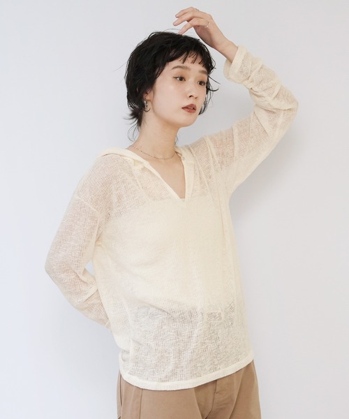 Yeoun(ヨウン)の「シアーワッフルフードロンT(Tシャツ/カットソー・レディース・ブラック/オフホワイト/グレー・FREE)」の11枚目の写真