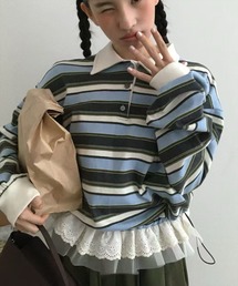 STAY MOTION（ステイモーション）の「【WEB限定】レースボーダー長袖ポロシャツ［韓国ファッション カジュアル］（ポロシャツ）」