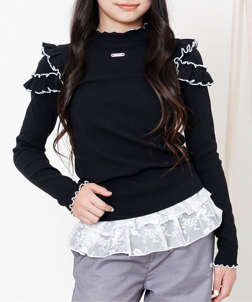 algy(アルジー)の「フリルリブロンT(Tシャツ/カットソー・キッズ・オフホワイト/アイボリー/ブラック・140/130/160/150)」の1枚目の写真