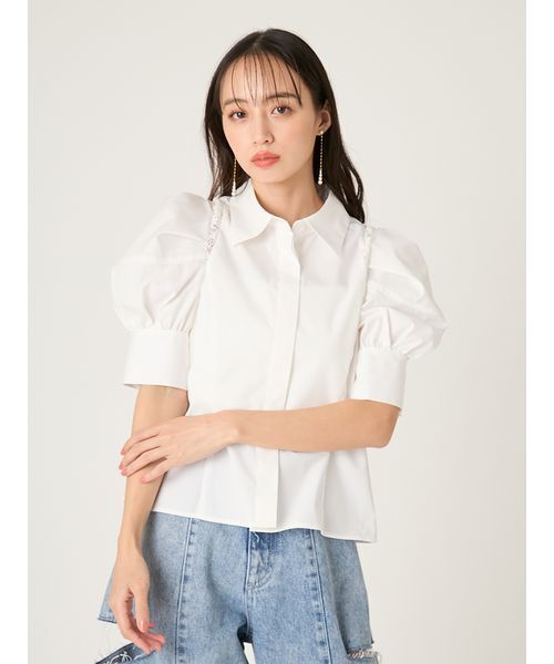 FRAY I.D(フレイアイディー)の「タックバルーンスリーブブラウス(シャツ/ブラウス・レディース・チェック/ホワイト/ブルー・F)」の2枚目の写真