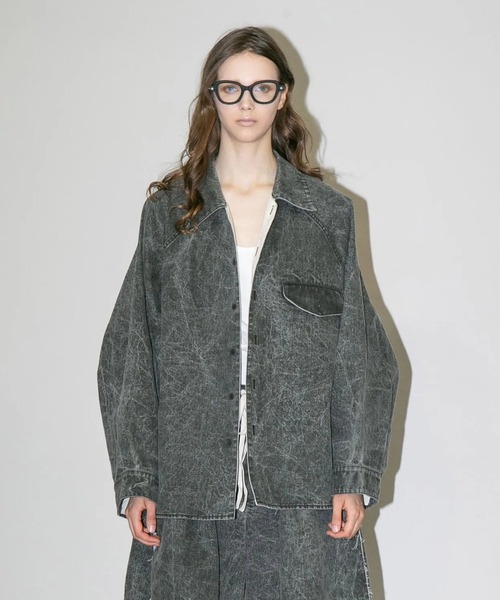 【my beautiful landlet】 PIGMENT PRINT WASHED DENIM RAGLAN OVERSIZE SHIRT - black
