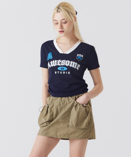 AWESOME STUDIO(オーサムスタジオ)の「半袖ブロックコアVネックシャーリングTシャツアイボリー(Tシャツ/カットソー・レディース・その他・FREE)」の5枚目の写真