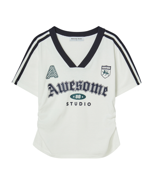 AWESOME STUDIO(オーサムスタジオ)の「半袖ブロックコアVネックシャーリングTシャツアイボリー(Tシャツ/カットソー・レディース・その他・FREE)」の7枚目の写真