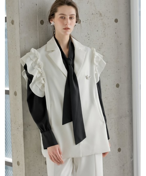 Re:EDIT（リエディ）の「[2026S/S COLLECTION][MEISM by Re:EDIT]無地orドットパワショルVネックボウタイブラウス（シャツ/ブラウス・レディース・ホワイト系その他/ホワイト/ブラック/ブラック系その他・MEDIUM/LARGE）」の9枚目の写真