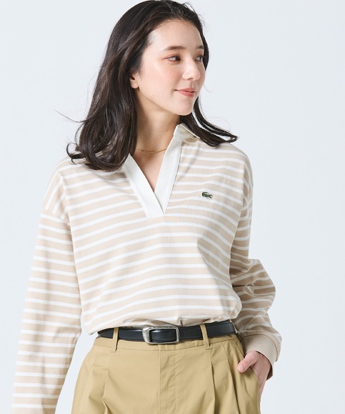 LACOSTE(ラコステ)の「スキッパーネック ボーダーポロシャツ(ポロシャツ・レディース・オフホワイト/ベージュ・34/36/38/40)」の1枚目の写真