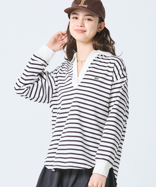 LACOSTE(ラコステ)の「スキッパーネック ボーダーポロシャツ(ポロシャツ・レディース・オフホワイト/ベージュ・34/36/38/40)」の5枚目の写真
