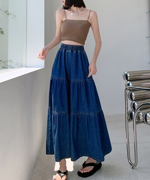SallyLunn(サリーラン)の「デニムティアードロングスカート(スカート・レディース・ブルー・LARGE/MEDIUM)」の1枚目の写真