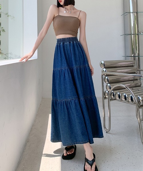SallyLunn(サリーラン)の「デニムティアードロングスカート(スカート・レディース・ブルー・LARGE/MEDIUM)」の2枚目の写真