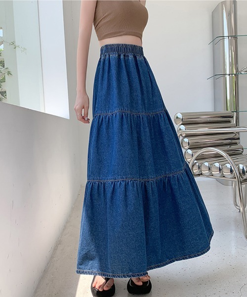 SallyLunn(サリーラン)の「デニムティアードロングスカート(スカート・レディース・ブルー・LARGE/MEDIUM)」の3枚目の写真