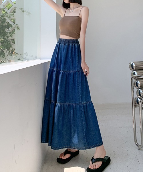 SallyLunn(サリーラン)の「デニムティアードロングスカート(スカート・レディース・ブルー・LARGE/MEDIUM)」の4枚目の写真