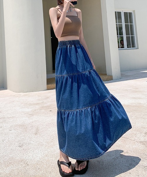 SallyLunn(サリーラン)の「デニムティアードロングスカート(スカート・レディース・ブルー・LARGE/MEDIUM)」の5枚目の写真