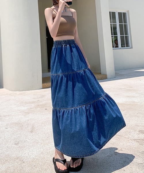 SallyLunn(サリーラン)の「デニムティアードロングスカート(スカート・レディース・ブルー・LARGE/MEDIUM)」の6枚目の写真