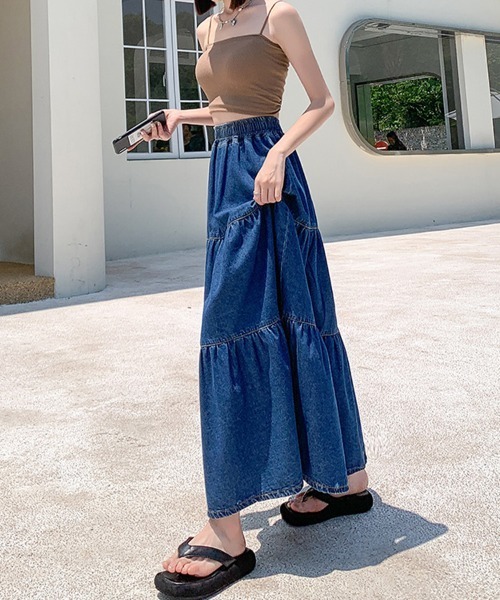 SallyLunn(サリーラン)の「デニムティアードロングスカート(スカート・レディース・ブルー・LARGE/MEDIUM)」の7枚目の写真