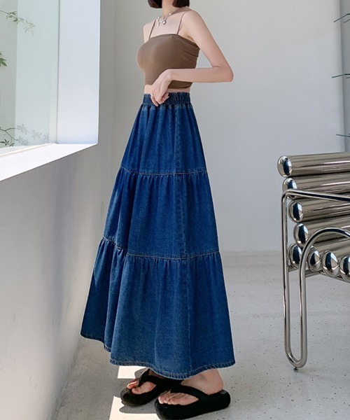 SallyLunn(サリーラン)の「デニムティアードロングスカート(スカート・レディース・ブルー・LARGE/MEDIUM)」の8枚目の写真