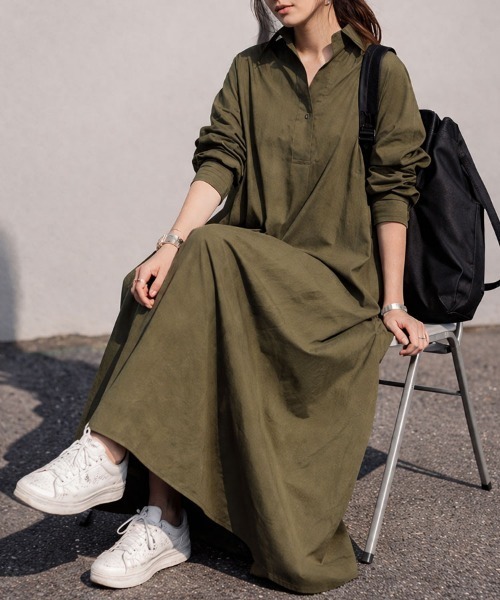 SallyLunn(サリーラン)の「スキッパーフレアシャツワンピース(シャツワンピース・レディース・カーキ/ブラック/ホワイト・MEDIUM/LARGE)」の3枚目の写真