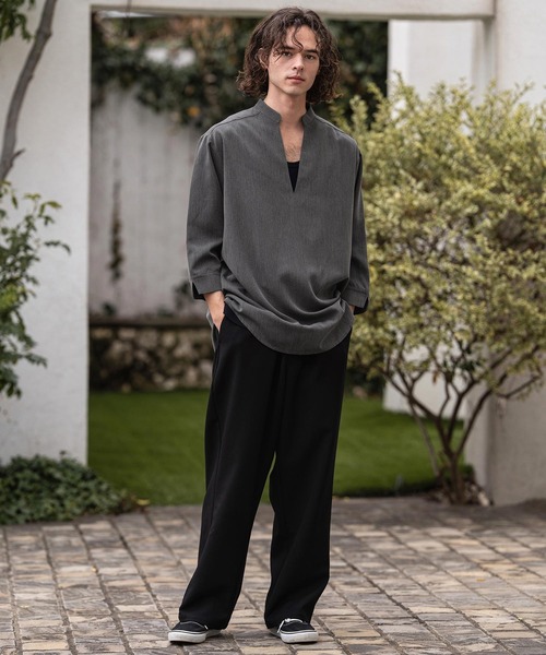 CAMBIO(カンビオ)の「ms6467-Drape 3-4 Sleeve Skipper pullover Shirts 七分袖プルオーバーシャツ(S68526cmb)(シャツ/ブラウス・メンズ・ブラック/チャコールグレー・L/M/S)」の6枚目の写真