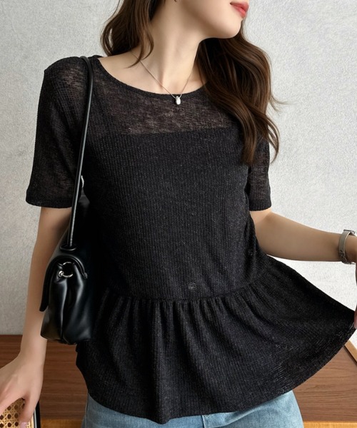 Eclat one(エクラワン)の「【Eclat one】スラブ 天竺 半袖 ペプラム カットソー ブラウス ◎(Tシャツ/カットソー・レディース・チャコール/ブラック/グレイッシュベージュ・M)」の1枚目の写真