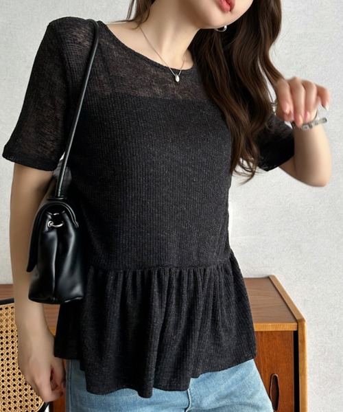 Eclat one(エクラワン)の「【Eclat one】スラブ 天竺 半袖 ペプラム カットソー ブラウス ◎(Tシャツ/カットソー・レディース・チャコール/ブラック/グレイッシュベージュ・M)」の5枚目の写真