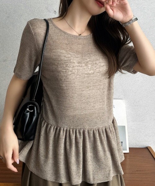 Eclat one(エクラワン)の「【Eclat one】スラブ 天竺 半袖 ペプラム カットソー ブラウス ◎(Tシャツ/カットソー・レディース・チャコール/ブラック/グレイッシュベージュ・M)」の6枚目の写真