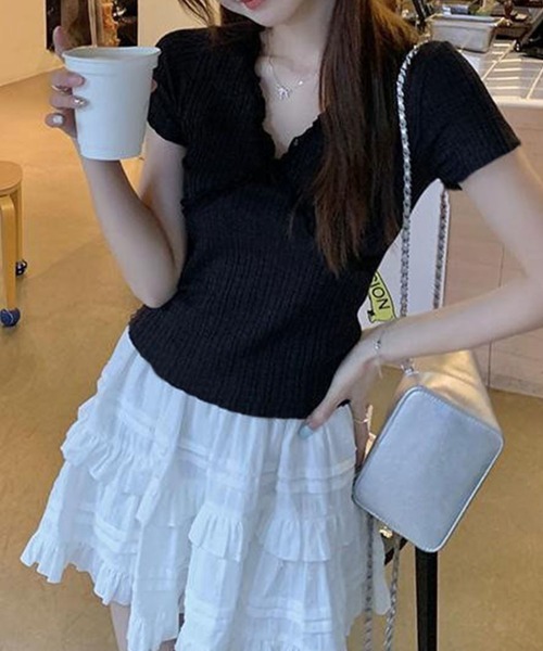 Girly Doll(ガーリードール)の「VネックフリルTシャツ(Tシャツ/カットソー・レディース・ホワイト/ブラック/グレー・F)」の15枚目の写真