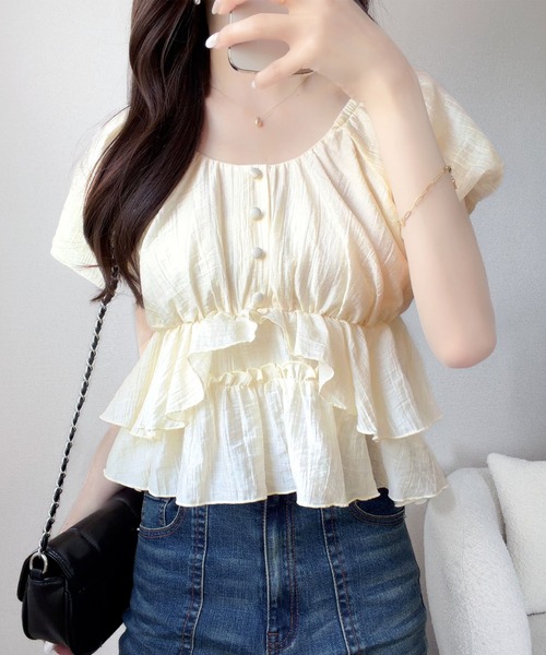 mily bilet(ミウィビレット)の「【mily bilet】肩見せで、夏のムードをひとさじ。オフショル2Wayフリルペプラムシアーブラウス(半袖)(シャツ/ブラウス・レディース・チャコール/ブルー/アイボリー・SMALL/MEDIUM/LARGE/X-LARGE)」の14枚目の写真