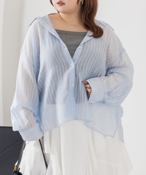 CLETTE(クレット)の「CLETTEオリジナルシアーストライプシャツ(シャツ/ブラウス・レディース・ブルー/イエロー/ベージュ・4L/3L/LL)」の2枚目の写真
