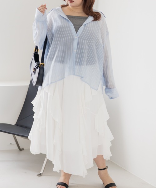 CLETTE(クレット)の「CLETTEオリジナルシアーストライプシャツ(シャツ/ブラウス・レディース・ブルー/イエロー/ベージュ・4L/3L/LL)」の9枚目の写真