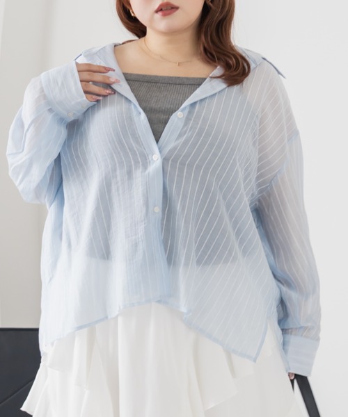 CLETTE(クレット)の「CLETTEオリジナルシアーストライプシャツ(シャツ/ブラウス・レディース・ブルー/イエロー/ベージュ・4L/3L/LL)」の7枚目の写真