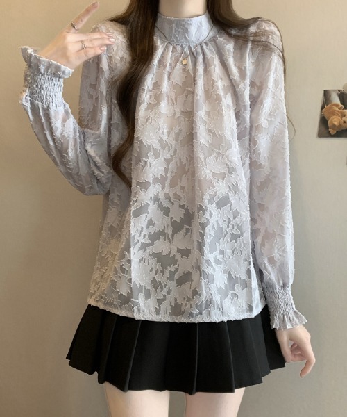 LUCPY(ラクピー)の「ジャガードシアーボリュームブラウス(シャツ/ブラウス・レディース・グレー/ブルー/ブラック/アイボリー/ピンク・XX-LARGE/X-LARGE/LARGE/MEDIUM)」の3枚目の写真