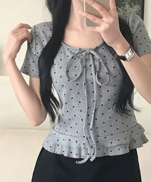 ドット柄 リボンネック フレア半袖Tシャツ