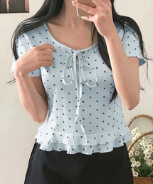 ドット柄 リボンネック フレア半袖Tシャツ