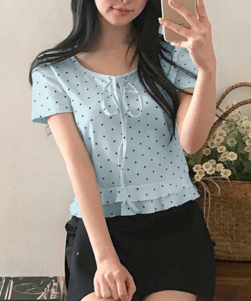 VIVID LADY(ビビッドレディー)の「ドット柄 リボンネック フレア半袖Tシャツ(Tシャツ/カットソー・レディース・グレー/ブラック/アイボリー/ライトブルー・FREE)」の13枚目の写真