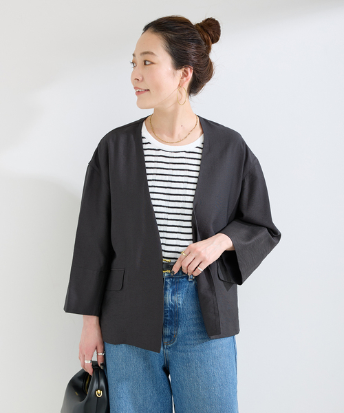 B.C STOCK（ベーセーストック）の「手洗い可 / ノーカラーハーフスリーブジャケット（ノーカラージャケット・レディース・ベージュ/ブラック・FREE）」の21枚目の写真