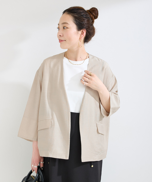 B.C STOCK（ベーセーストック）の「手洗い可 / ノーカラーハーフスリーブジャケット（ノーカラージャケット・レディース・ベージュ/ブラック・FREE）」の3枚目の写真