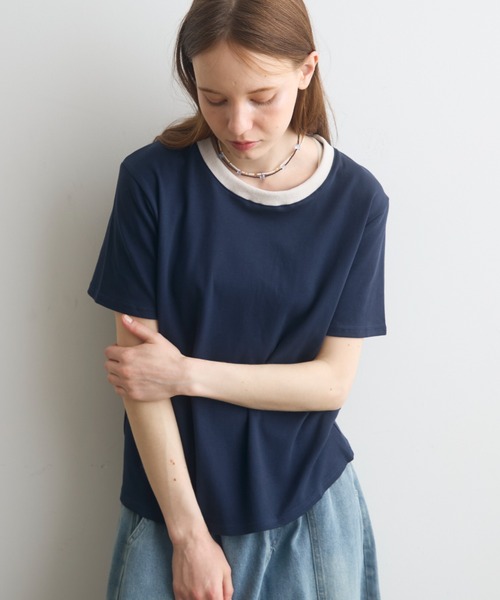 Crisp(クリスプ)の「rib accent over T / リブアクセントオーバーT(Tシャツ/カットソー・レディース・オートミール/ネイビー/ブラウン・FREE)」の3枚目の写真
