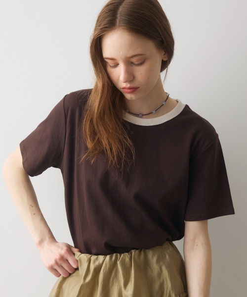 Crisp(クリスプ)の「rib accent over T / リブアクセントオーバーT(Tシャツ/カットソー・レディース・オートミール/ネイビー/ブラウン・FREE)」の4枚目の写真