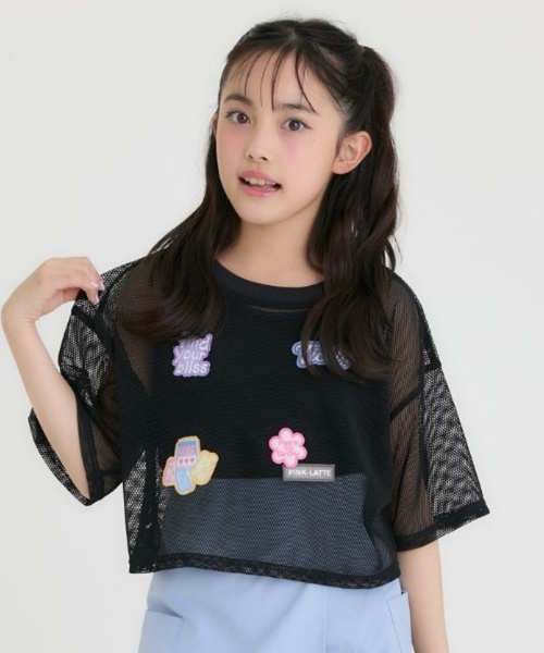 PINK-latte（ピンクラテ）の「【接触冷感(インナーのみ）】ワッペンメッシュ半袖T＋タンクセット（Tシャツ/カットソー・キッズ・サックスブルー/オフホワイト/ブラック・130cm/140cm/120cm/160cm/150cm）」の2枚目の写真