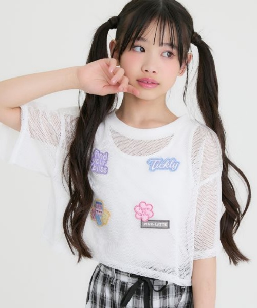 PINK-latte（ピンクラテ）の「【接触冷感(インナーのみ）】ワッペンメッシュ半袖T＋タンクセット（Tシャツ/カットソー・キッズ・サックスブルー/オフホワイト/ブラック・130cm/140cm/120cm/160cm/150cm）」の4枚目の写真